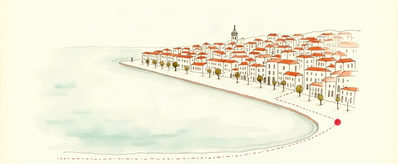 Dibujo de un pueblo costero: la rambla, una persona caminando sola y el recorrido marcado con puntitos rojos que terminan en un punto